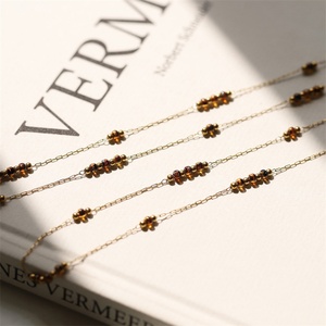 Personalized Women's Stainless Steel <b>Gold</b> Plated Beaded Chain Necklace and <b>Anklet</b> Set with Amber Glass Beads - Product Image 3