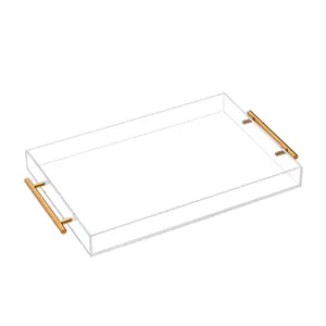 wholesale transparent Decorative Lucite Storage insert rolling Serving Trays Clear acrylic color tray with Gold Metal Handles