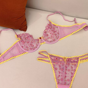 Conjunto de Lencería Sexy y Erótica con Bordado de Flores Pequeñas en Contraste de Color, Conjunto de Dos Piezas de Sujetador y Braguita Transparentes - Product Image 5