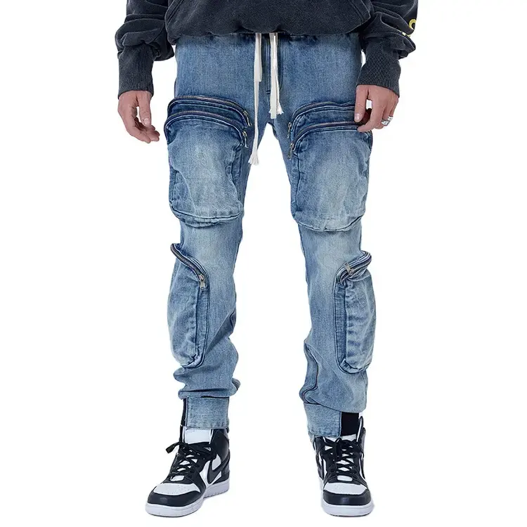 Top Quality Multi Zipper Pockets Elastic Waist Men Denim Trousers Full Length Ripped Denim Jeans With Drawstring