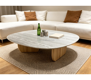 Table basse de salon au design minimaliste, prix de gros, base en bois massif, plateau en marbre naturel beige travertin - Product Image 2