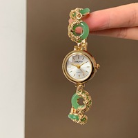 Montre quartz femme rétro orientale, chaîne dorée décorée breloque bague jade, montre milieu de siècle