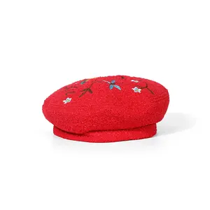 Woman Retro British Custom Embroidered Beret Cotton Wool Warm Colorful Felt French Berets