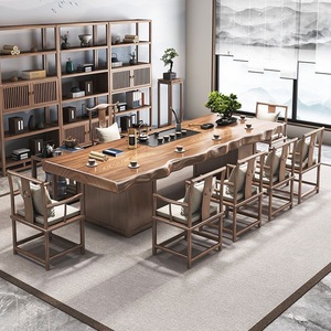 Juego de mesa y sillas de madera maciza con forma irregular y almacenamiento para sala de estar u oficina, estilo Zen - Product Image 2