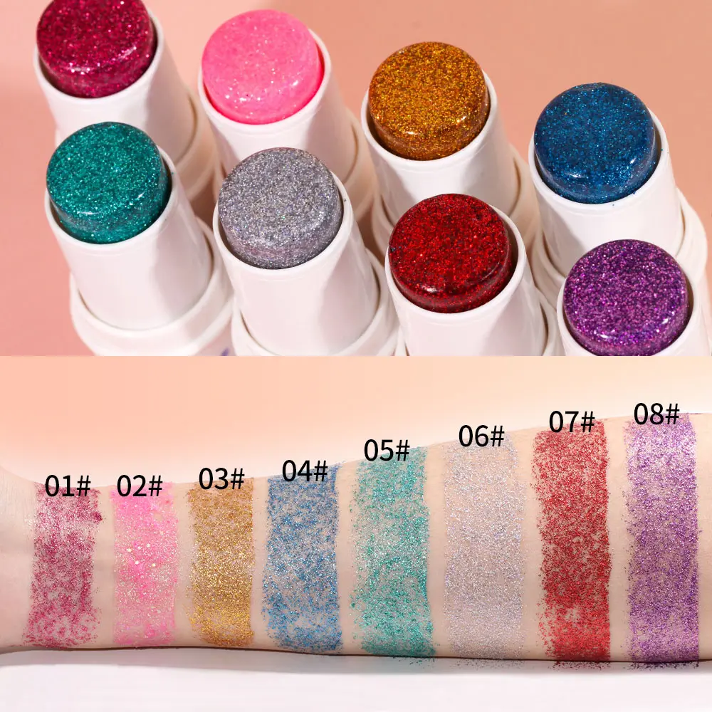 Gel rambut wajah berkilau, stik Glitter 8 warna tahan lama payet tubuh