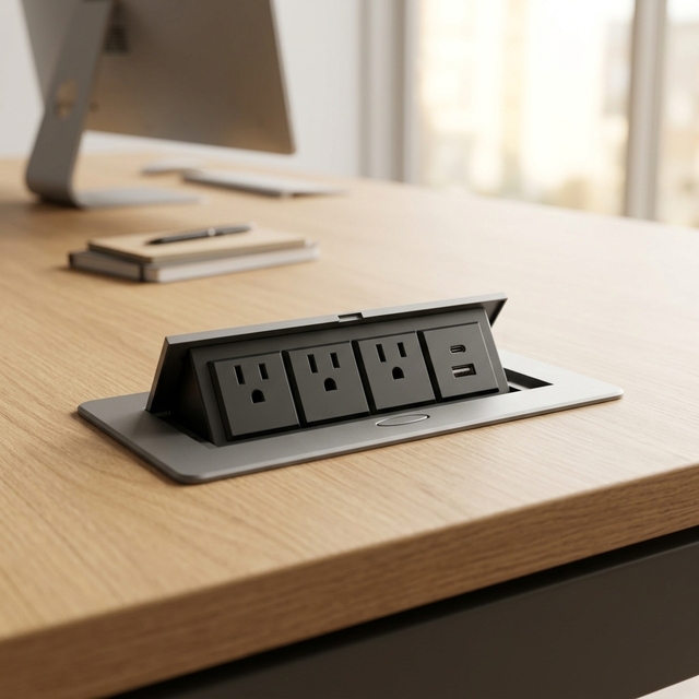 T266-4P Black Recessed Pop Desk Power Outlet 3 US AC Outlets + USB-A Type-C Charging Ports 16A Commercial Use Hidden Conference