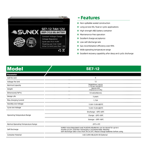 Batteria Gel SUNEX a Ciclo Profondo e Lunga Durata 12V 7Ah, Batteria VRLA 12V 7Ah per Sistemi Solari - Product Image 3