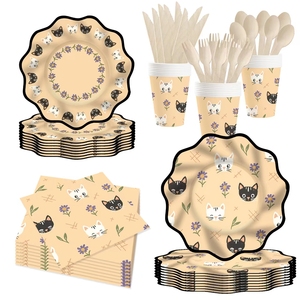 DAMAI Ensembles de décorations pour fête d'anniversaire Assiettes en papier jetables Assiettes et gobelets à motifs de chats et de fleurs - Product Image 1