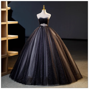 Strapless Evening Gown Black Ball Gown Organza Natural Waistline Elegant For Banquets Parties Hostess Art Exams - Product Image 2