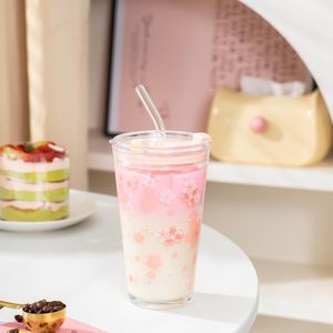 New Product Cherry Blossom Colorful Glass <b>Cup</b> High-quality Appearance <b>Straw</b> <b>Cup</b> Glass Trendy <b>Cup</b> Glass Milk <b>Water</b> <b>Cup</b> - Product Image 1