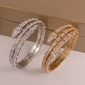 Top 925 sterling silver pave zircon double circle winding snake bone bracelet classic fashion brand luxury jewelry wholesale