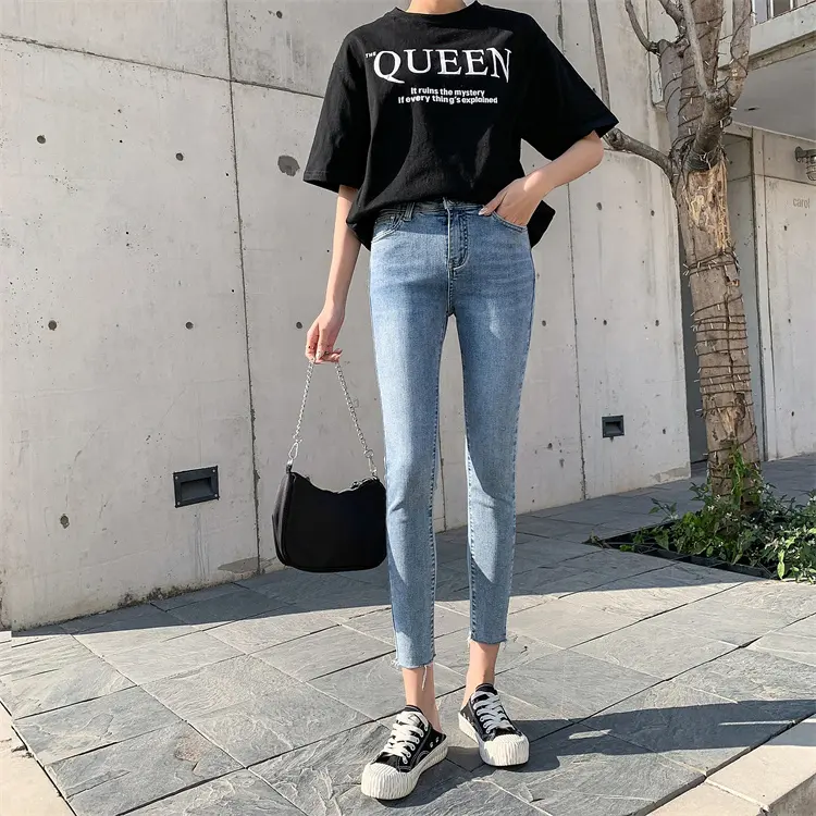 Calças jeans femininas de cintura alta com pernas retas, estampas personalizadas, calças justas justas justas de rua slim