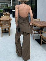 Ensemble pantalon et débardeur asymétrique dos nu sexy à bretelles + pantalon à cordon de serrage, style streetwear vintage pour femme