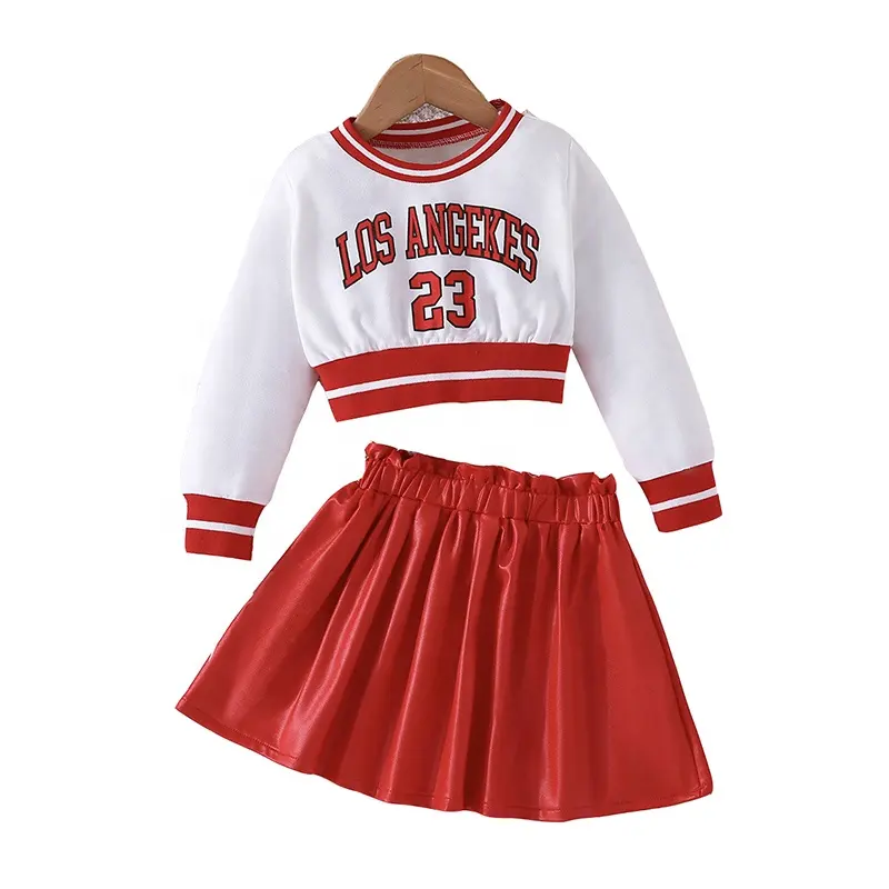 New fashion autumn sports children skirt suit girls letter full sleeve top and pleated leather skirt two-piece set