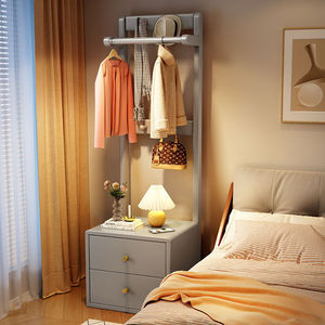 Solid Wood Coat Rack With <b>Bedside</b> <b>Table</b> Integrated Floor Standing Clothes Rack For <b>Small</b> Bedroom Modern Simple Design Walnut - Product Image 3