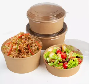 Wholesale Take Away Paper Container Salad Bowls Small Midium Large Disposable Brown Kraft Paper Round Bowl For Food With Lid