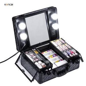 KONCAI FAMA factory customized portable aluminum makeup case Lighting mirror carry vanity box makeup handbag