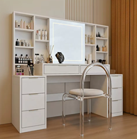 Coiffeuse en chêne sur mesure, robuste, avec miroir et éclairage, 8 tiroirs, étagères ouvertes et LED réglables pour chambre à coucher