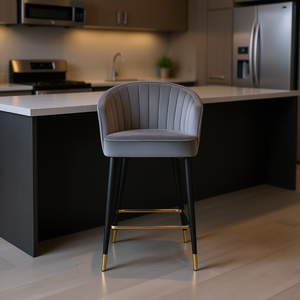 Taburete de Bar Contemporáneo Tapizado en Terciopelo, 20W X 21D X 36.5H, Gris, con Mechones Profundos y Detalles Dorados en Negro - Product Image 2