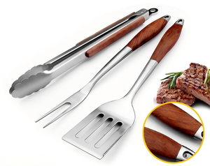 Ensemble de 3 outils de barbecue robustes en acier inoxydable extra épais avec spatule, fourchette et pinces à manche en bois de rose pour grillades en extérieur - Product Image 3