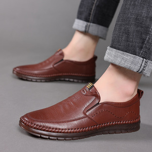 Chaussures décontractées en cuir pour hommes, à enfiler, bout rond, doublure en maille, semelle extérieure en caoutchouc antidérapante, chaussures de conduite d'été - Product Image 2