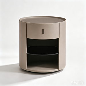 Table de chevet minimaliste italienne <span class=keywords><strong>Evelyn</strong></span> T17 en cuir véritable, fabriquée à la main, avec plateau en bois massif écologique, 1 tiroir, luxe, chambre à coucher - Product Image 1