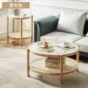 Mesa de Centro Vintage de Madera Maciza y Ratán con Vidrio Templado, Doble Capa, Redonda, Simple, para Apartamentos Pequeños - Product Image 3