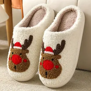 Women Slippers High Quality Comfort Shoes Warm Sandals Fluffy Plush White Winter Shoes Low Cost 2023 Santa Reindeer Christmas