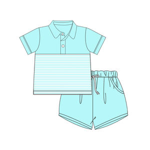 Conjunto de Ropa de Verano para Bebé Niño, Diseño Personalizado BSSO1984, Estampado de Dinosaurio a Cuadros Verde Marino, Venta al Por Mayor - Product Image 2