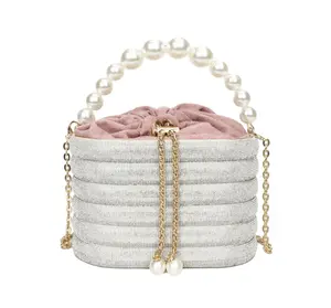 Pearl Handle Bucket Bag Fashion Wedding Clutch Purse For Stones Long Strap Hand bags Rhinestone Evening bag