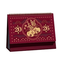 Calendrier de bureau personnalisé en papier pour l'année du Cheval 2026 - Rouge - Publicité pour entreprise - Avec horloge - Cadre photo souvenir