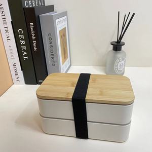 A Simple and Easy to Clean Plastic <strong>Double</strong>-<strong>layer</strong> Bamboo Covered <strong>Lunch</strong> <strong>Box</strong> with a Divider Knife, Fork, and Spoon - Product Image 1