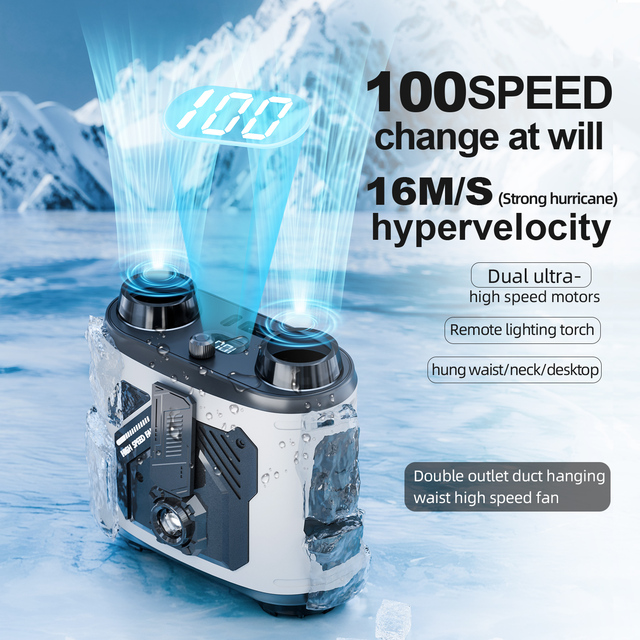 Wearable Waist Neck Fan Dual Head High Velocity 6000mAh Battery Powered Clip-On Cooling Fan Light 4-in-1 Outdoor Hotel