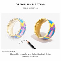 Bague large abstraite en acier inoxydable plaqué or 14 carats sous vide avec bande émaillée multicolore