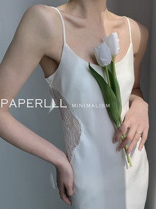 <span class=keywords><strong>Robe</strong></span> <span class=keywords><strong>longue</strong></span> d'été sexy unie sans bretelles en satin fin blanc respirant avec dentelle ajourée à la taille, <span class=keywords><strong>mi</strong></span>-<span class=keywords><strong>longue</strong></span>, style sling - Product Image 2