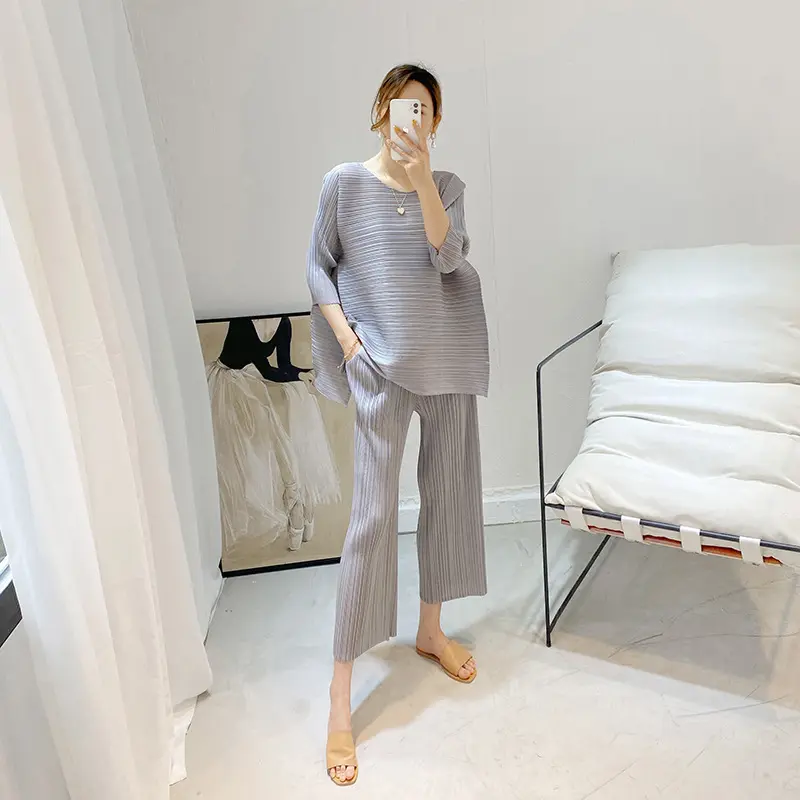 FXZ 2021 summer new style miyake pleated organ suit pleats please women wide leg pants suit