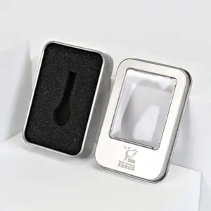 Lata retangular pequena personalizada de fábrica com janela transparente, caixa de lata com tampa de janela USB para presente, estampada personalizada com tampa de janela