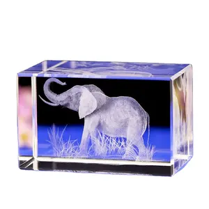 Wholesale 3d Laser Inner Glass Cube Elephant Animals Figurines Crystal Cube Block Home Decoration Gifts Glass Craft Gift