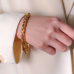 Bracciale da Uomo Trendy a Catena King Bizantina Fatta a Mano in Acciaio Inossidabile Placcato Oro 18k PVD Stile Catena da Moto e Bicicletta - Product Image 6