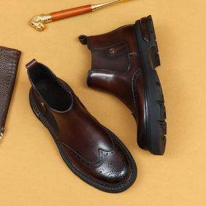 Bottes Chelsea montantes d'hiver pour hommes en cuir véritable, à bout pointu, style décontracté chic, à lacets, avec coussin d'air, semelle épaisse confortable, style britannique - Product Image 1