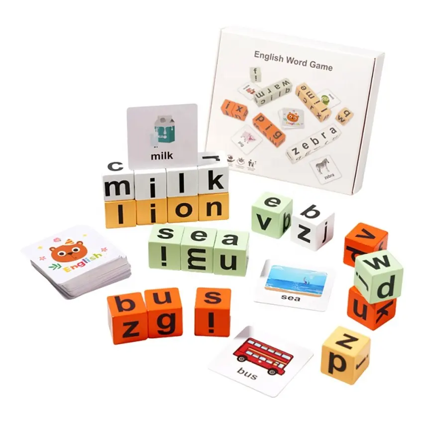 2024 Neuheit individuelles Kinder-Lern-DIY hölzernes zauberspielzeug zusammengebautes Buchstaben-Spelwürfel-Bausteine mit Karten Spielzeugset