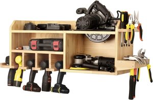 Organizador de herramientas eléctricas de madera al por mayor, estación de carga, estante amplio para destornilladores, soportes de almacenamiento de tres niveles montados en la pared - Product Image 5