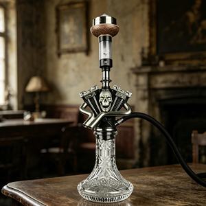 <b>Crystal</b> Glass Hookah Motorcycle Engine Base Metal Pipe Set Carved Wooden Bowl Accessory Display - Product Image 3