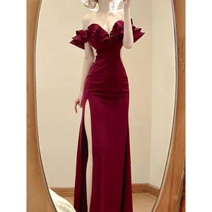 off the Shoulder Tea-Length <b>Spaghetti</b> <b>Strap</b> High Slit Natural Waist Cashmere Vintage Evening Gown Solid Color - Product Image 1