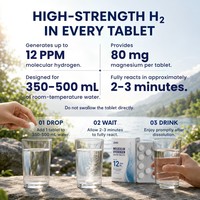 Comprimés d'eau H2 haute concentration |   12 PPM d'hydrogène moléculaire, 80 mg de magnésium |   Comprimés effervescents à dissoudre pour boisson |   Sans saveur, 30 unités