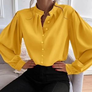 Chemisier élégant pour femme, couleur unie, col montant, manches longues, boutonnage simple, coupe ample, tendance - Product Image 3