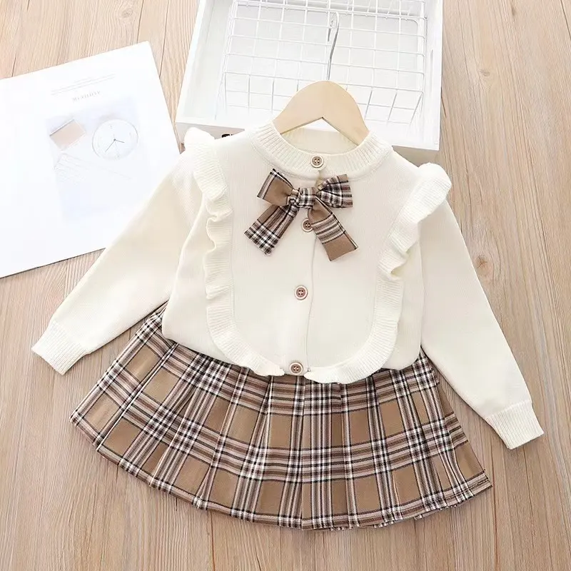 New Fashion Baby Boutique Kleding Meisjes Trui Tweedelige Set Herfst Nieuwe College Stijl Trui Rode Geruite Plooide Rok