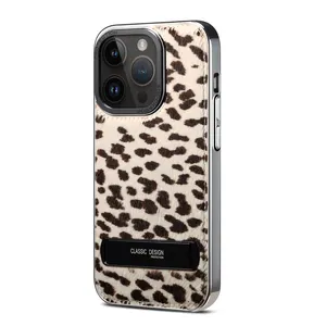 Luxe Mode Dame Telefoonhoes Achterkant Van Echt Rundleer Met Luipaardprint Pu-Materiaal Galvaniseren Speciaal Ambacht