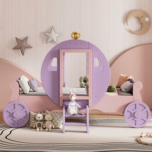 Moderna doppia dimensione viola + rosa principessa letto carrozza con corona, piattaforma di legno letto auto con scala - Product Image 3