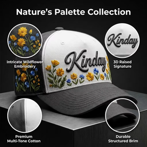 Casquette de baseball esthétique avec broderie florale de marguerites sauvages jaunes et bleues, logo 3D en relief et contraste charbon-blanc - Product Image 4